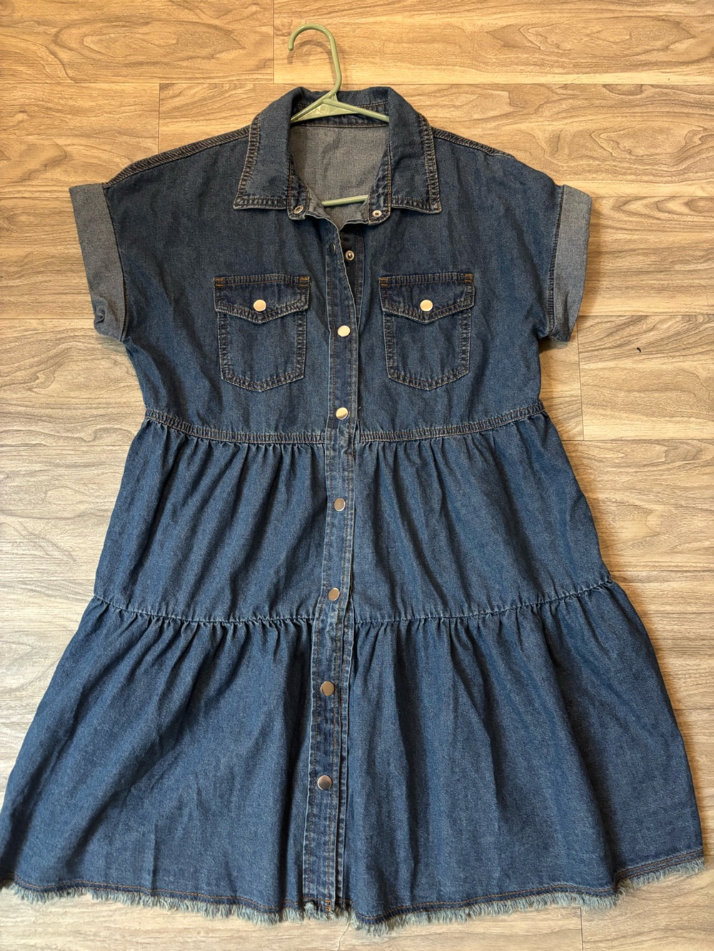 Dark Indigo Button-Front Denim Tiered Dress